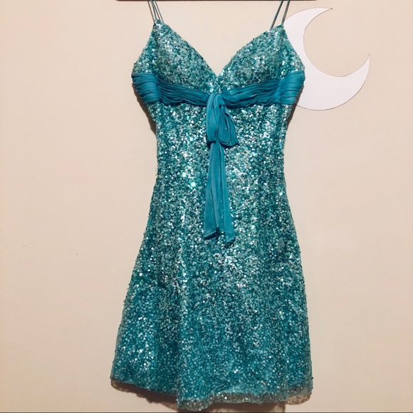 Beyond / Jovani Teal Cocktail Sequin Dress - Picture 1 of 8